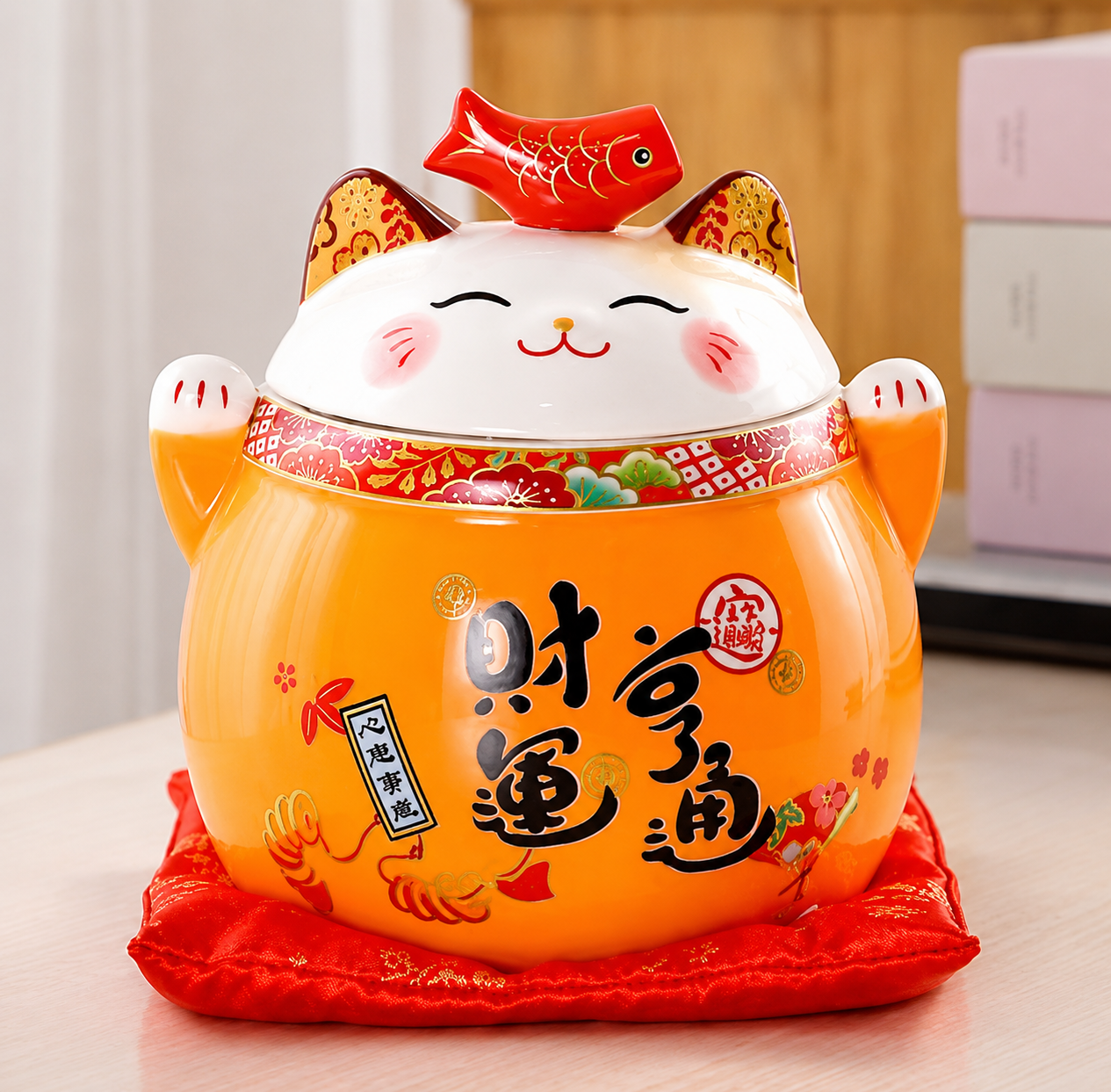 Lucky Wealth Cat Ceramic Tea Canister — Orange
