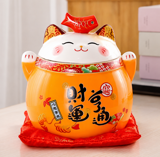 Lucky Wealth Cat Ceramic Tea Canister — Orange