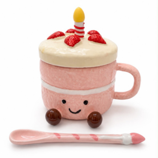 Cute Birthday Cake Ceramic Mug with Lid & Spoon - Pink