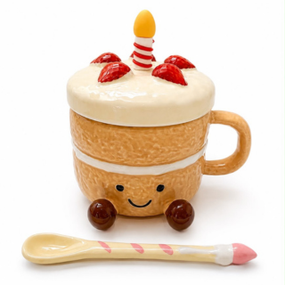 Cute Birthday Cake Ceramic Mug with Lid & Spoon - yellow