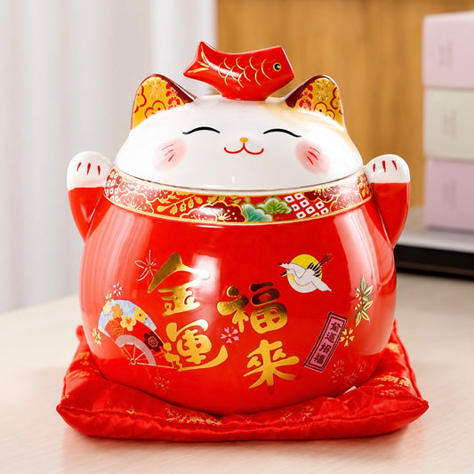 Lucky Fortune Cat Ceramic Tea Canister — Red