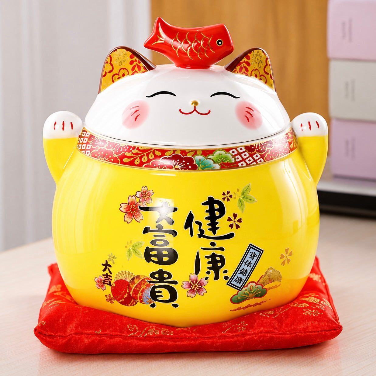 Lucky Health & Prosperity Cat Ceramic Tea Canister — Yellow