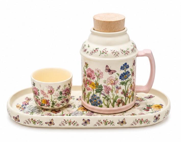 Floral Ceramic Mug Gift Set with Cup & Serving Tray