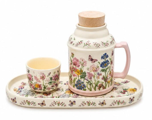 Floral Ceramic Mug Gift Set with Cup & Serving Tray