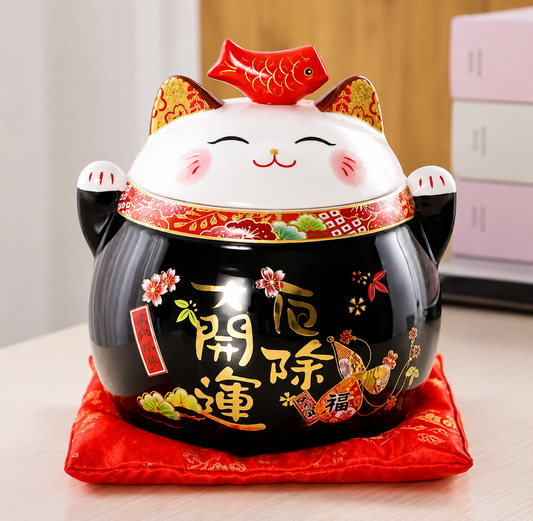 Lucky Good Luck Cat Ceramic Tea Canister — Black