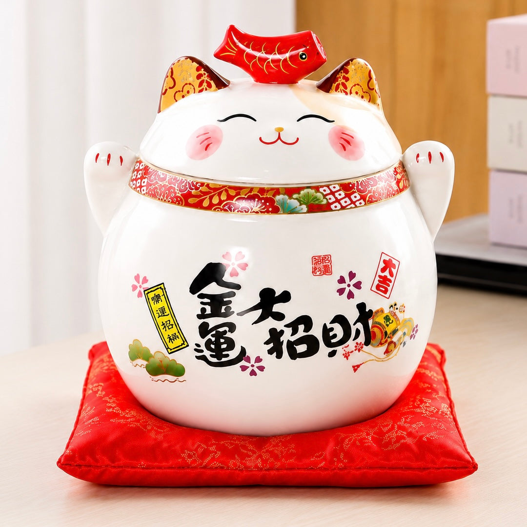 Lucky Wealth Cat Ceramic Tea Canister — White