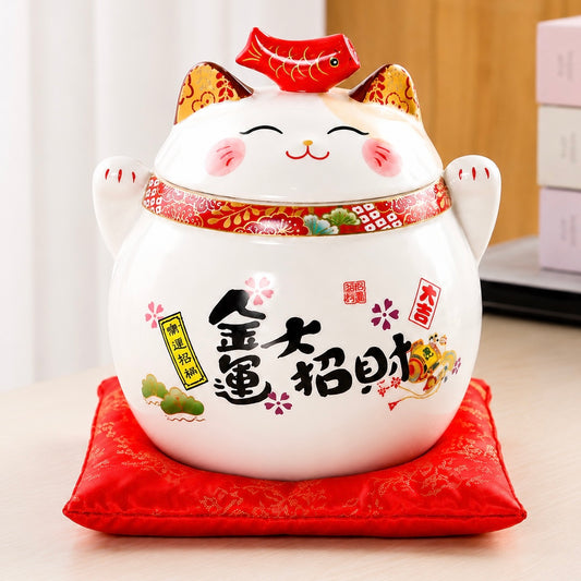 Lucky Wealth Cat Ceramic Tea Canister — White