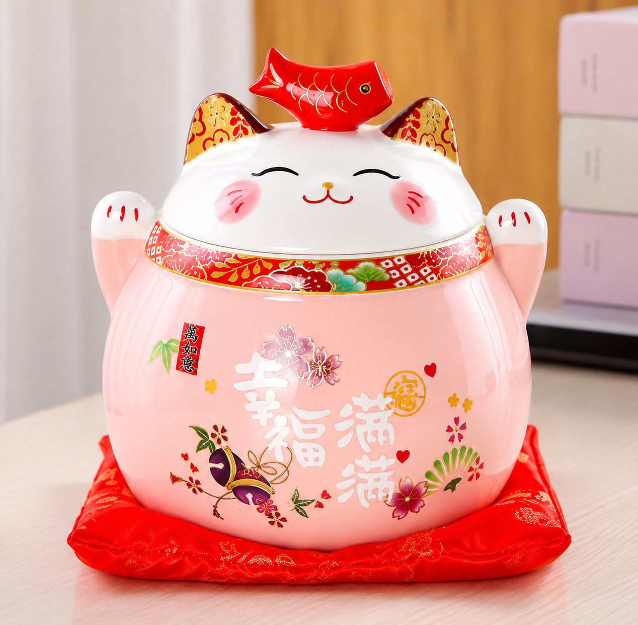 Lucky Happiness Cat Ceramic Tea Canister — Pink