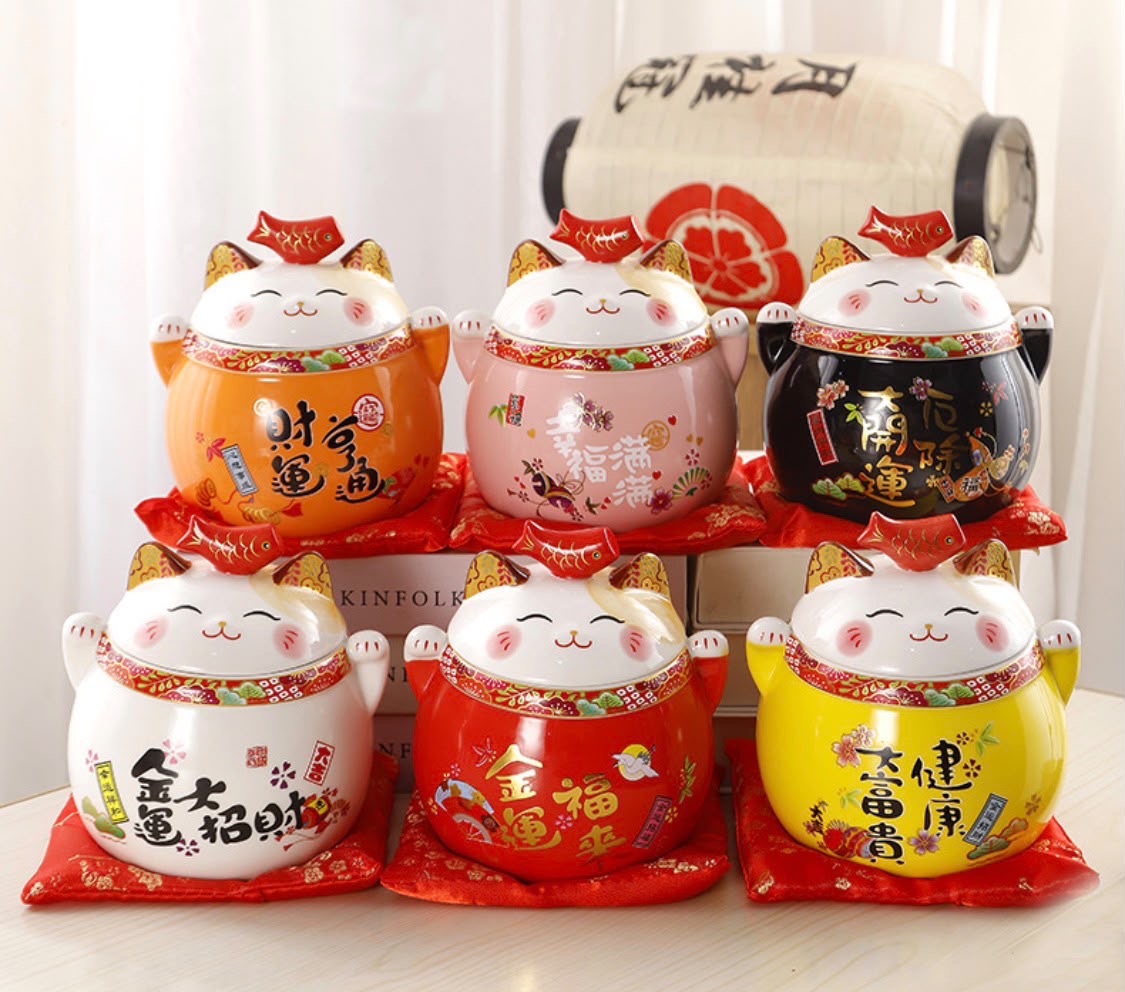 Lucky Wealth Cat Ceramic Tea Canister — Orange